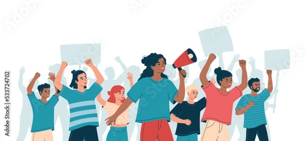 Obraz Angry men and women on protest, strike. Concept peaceful demonstration of human rights. Group of diverse people at picket.  Crowd with placards, girl with loudspeaker.Isolated flat vector illustration