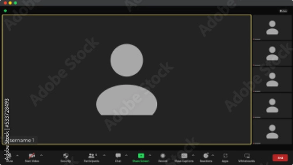 Obraz Video conference user interface. Online conference meeting. Video call screen mockup. Video Conference. Blank Wireframe.