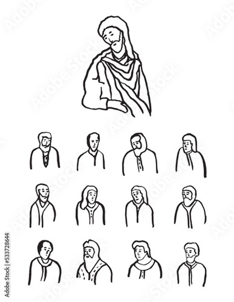 Obraz Jesus and his 12 apostles - Black and White Sketch