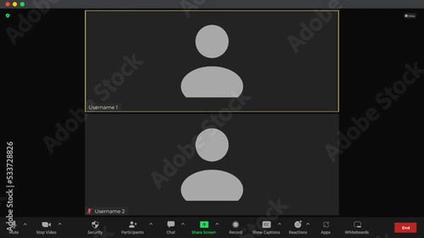 Obraz Template video conference user interface. Video calls window overlay. Online chat for business seminars. Meeting App UI Interface. Mockup UI, UX.