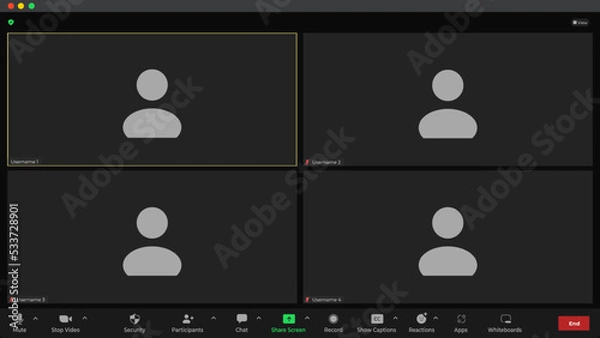 Fototapeta Online video call interface template with user icon. Application for social communication. Call Window App template. Concept of social remote media. Webinar with black background.