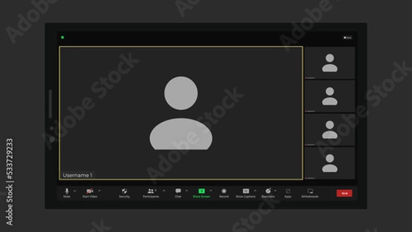 Obraz Template video conference user interface. Application for calls. Video call screen mockup. Mockup of remote conversation. Mockup Kit interface.
