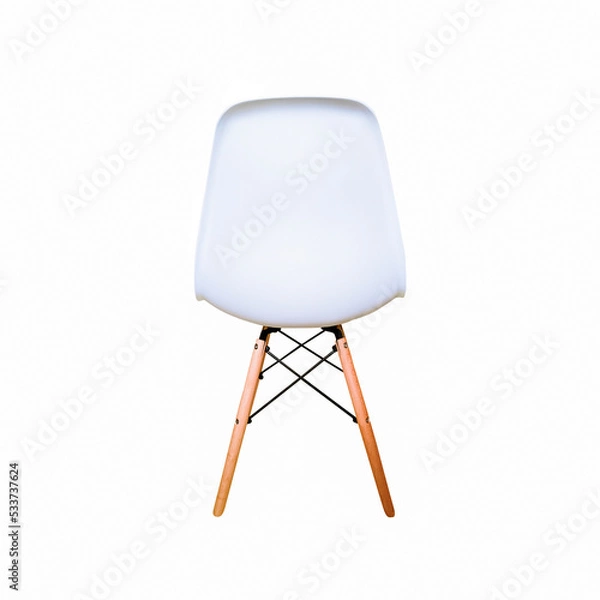 Fototapeta White modern chair with wooden legs isolated on white background. Back view