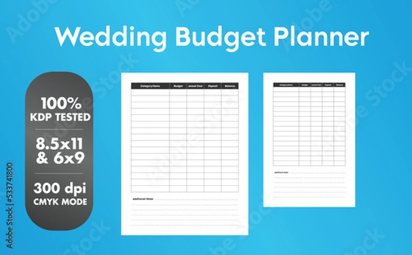 Fototapeta This is a Wedding Budget Planner with 2 popular sizes. 8.5x11 and 6x9. This will help you to manage and look after your costs of all materials for a wedding.