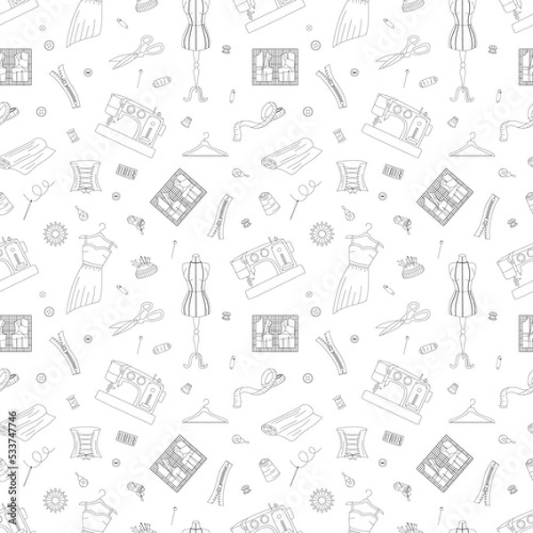 Fototapeta Seamless pattern with sewing elements. Sewing machines, dresses, buttons, scissors, needles, etc. Flat outline vector illustration.