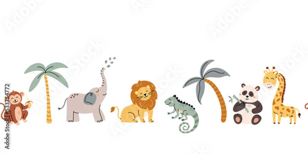 Fototapeta Wzór tropikalnej dżungli. Zwierzęta w zoo w kolejce. Urocze dzikie zwierzęta w prostym skandynawskim stylu. Pastelowa paleta dla dzieci idealnie nadaje się do drukowania ubranek dziecięcych, tkanin. Tło kreskówka wektor