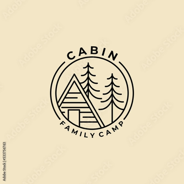 Fototapeta wood cabin line art minimalist vector logo badge illustration design