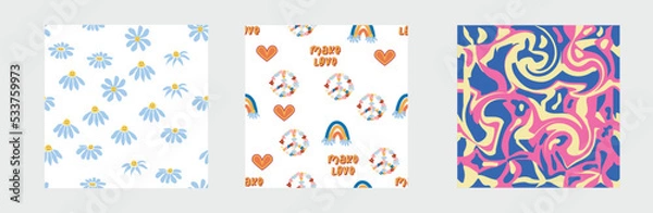 Fototapeta 1970s Set of retro seamless pattern. Floral, swirl, mushrooms, peace symbol, camomile, smile.