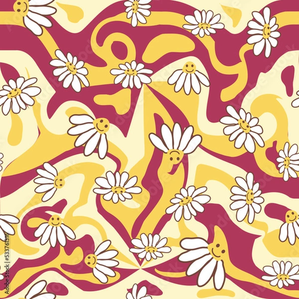 Fototapeta Retro Smile Chamomile Seamless Pattern on 1970 Wavy Swirl Seamless Pattern. Hippie Aesthetic.