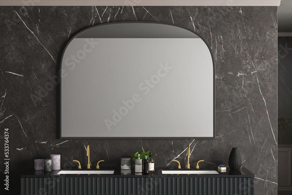 Fototapeta Close up of double sink with oval mirror standing in on marble wall , luxury cabinet with black countertop in modern bathroom. Side view. 3d rendering