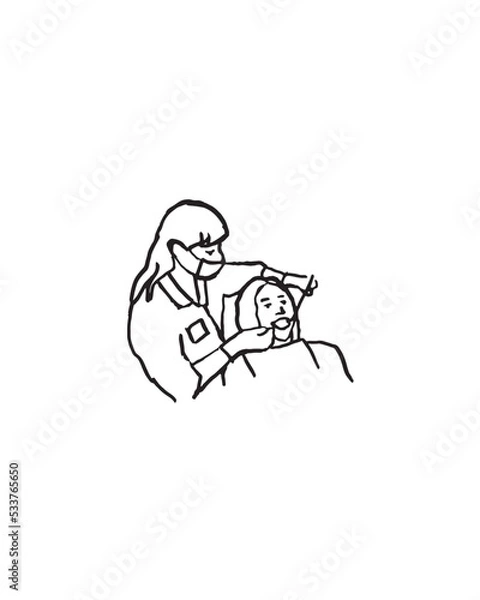 Obraz Dentist Working on a Patient's Teeth - Black and White Simple Drawing