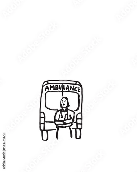 Obraz EMT in back of an Ambulance with Arms Crossed - Black and White Drawing