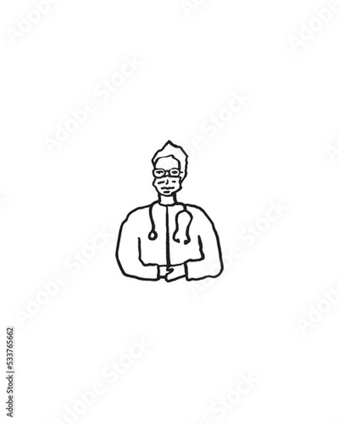 Obraz Doctor facing camera with glasses, mask and stethoscope - black and white doodle