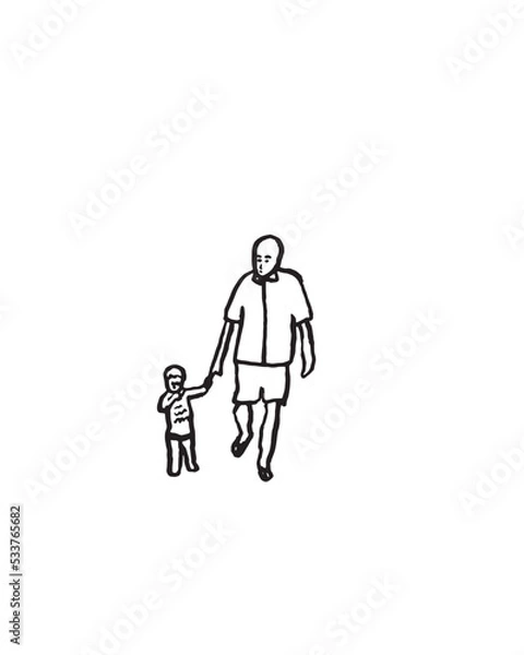 Obraz Parent or Grandparent and Child Walking, Black and White Illustration