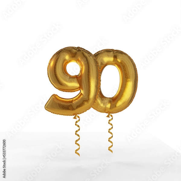 Fototapeta Separate figure ninety in the form of a foil balloon. Template for creating a greeting card for the celebration. 3d rendering.