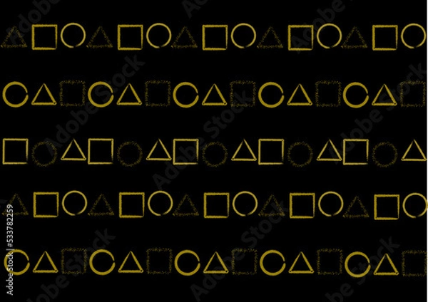 Fototapeta Golden elements - circles, squares and triangles on black backdrop. Graphic shapes. Geometric gold seamless pattern. Repeated pattern for design prints. Golden modern background. Fashion shape