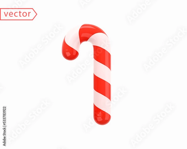 Obraz Candy Cane Christmas Decoration. Red and white spiral sweet candy 3D icon in glossy cartoon style. Object isolated on white background. Vector illustration