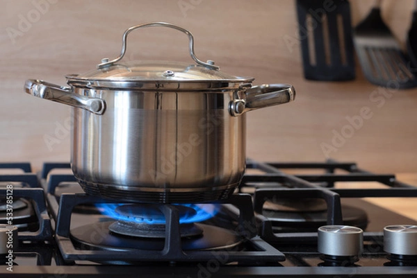 Obraz pot on gas stove, stainless pan on the hob, cooking on a gas stove, the cost of gas in Europe