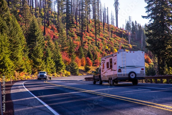 Fototapeta A recreation vehicle drives through vine maple fall color foliage along highway US20 on the Santiam pass, Willamette National forest, Oregon