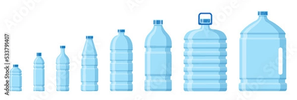 Obraz Plastic water bottles set. Various shapes clear mock up container for liquid product. Realistic aqua blue recycling pure packaging flask isolated on white background. Beverage clean glass jar