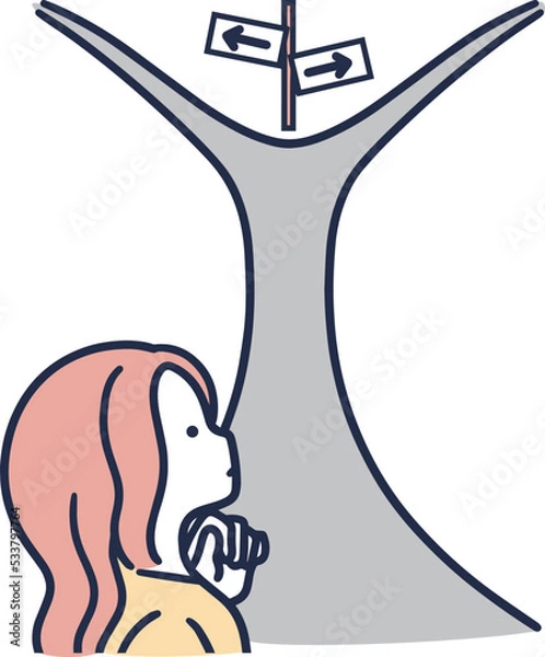 Obraz 別れ道で悩む女性　人生　分岐　シンプルイラスト