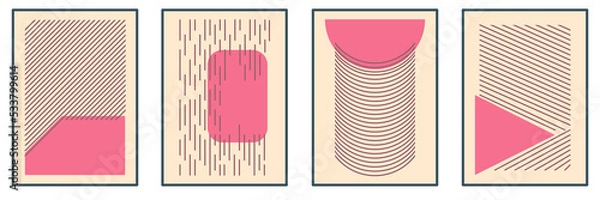 Obraz Set of minimalist geometric abstract design posters, vector templates with elements of lines, squares, triangles and semi-circles, in modern colors