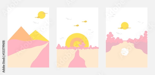 Fototapeta Set of abstract minimalist aesthetic poster background with sea view, mountain view, bay in the afternoon. Colorful trendy vector illustration for wall decoration, postcard or brochure, social media.