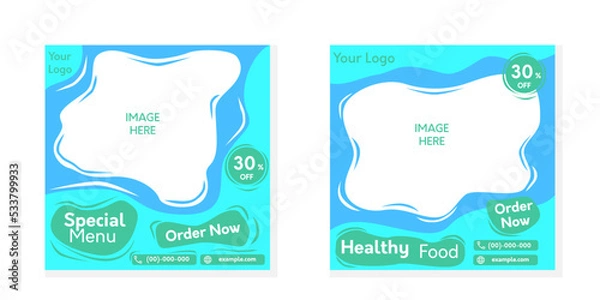Obraz Healthy Food Menu Banner Template, Social Media Post Template, Healthy Food Restaurant Banner and Special menu, fresh green blue color