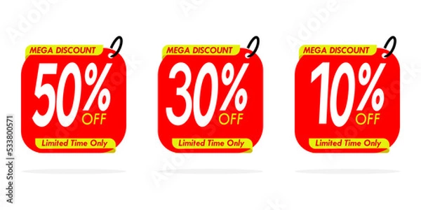 Fototapeta Big discount sticker label set. Discount labels with 30, 10, 50 percent off. Markdown with different discount amounts. Discount sale label vector illustration