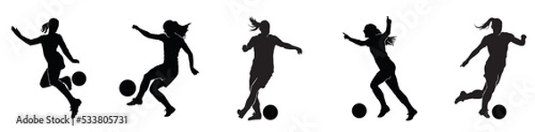 Fototapeta Female football set. silhouette of athlete soccer players with ball in motion, action isolated on white background.
