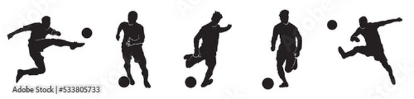 Fototapeta Male football set. silhouette of athlete soccer players with ball in motion, action isolated on white background.