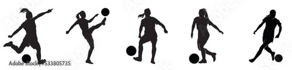 Fototapeta Female football set. silhouette of athlete soccer players with ball in motion, action isolated on white background.