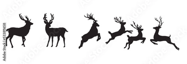 Fototapeta Set of stag silhouette male deer vector icon on white background