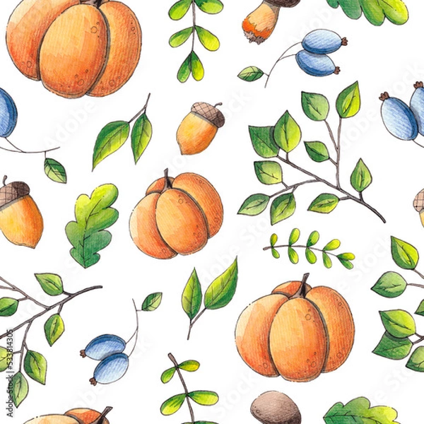 Obraz Autumn seamless background. Watercolor pattern with pumpkin.