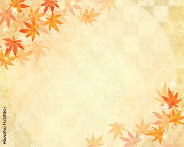 Obraz 美しいカエデー金箔ー市松模様ー和紙の壁紙ー秋のイメージキラキラゴールド背景素材フレーム