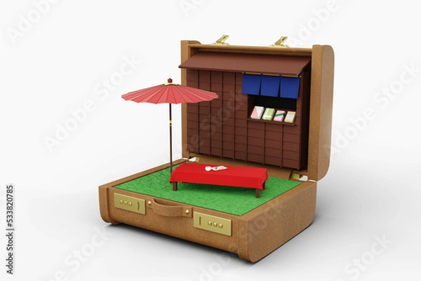 Obraz 3D rendered illustration. Chaya, the Japanese tea hose in a open suitcase. Red umbrella and bench with red clothes. Concept of travel to Japan.