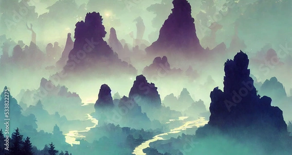 Obraz Majestic Land with Mountain Fog Sun and Forest River. Fantasy Backdrop Concept Art Realistic Illustration Video Game Background Digital Painting CG Artwork Scenery Artwork Serious Book Illustration
