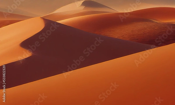 Obraz Majestic Sahara Desrt with Fantastic Red Sand Dunes. Fantasy Backdrop Concept Art Realistic Illustration Video Game Background Digital Painting CG Artwork Scenery Artwork Serious Book Illustration
