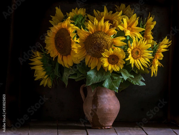 Fototapeta beautiful yellow Sunflower still life bouquet  in a clay jug ceramic rustic style oil honey Dark photo background wooden table Vintage. Retro. low key Autumn flowers.