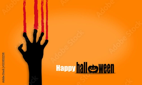 Fototapeta Halloween idea with yellow wall scratch marks from zombies, silhouette of a person holding hands.