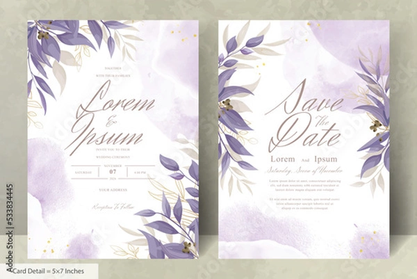 Fototapeta Elegant Wedding Invitation Card with Watercolor and Greenery Leaves