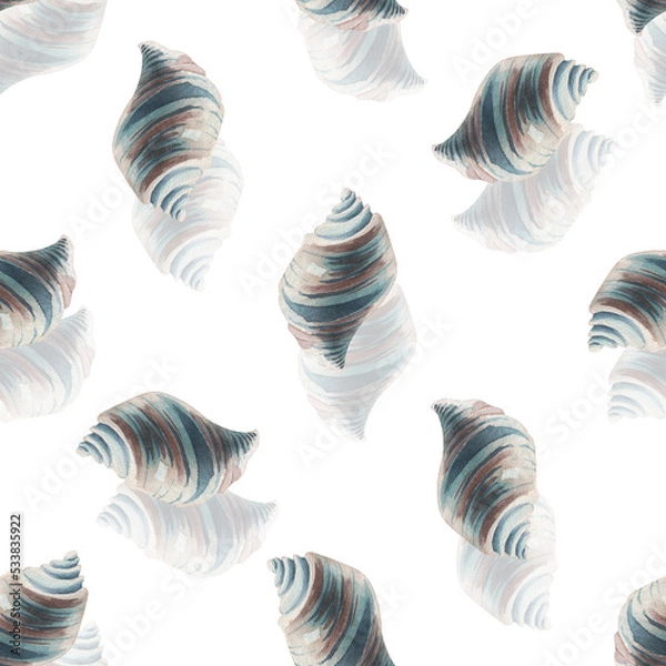 Fototapeta Watercolor seamless pattern with seashells isolated on white.