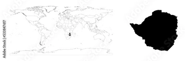 Obraz Vector Zimbabwe map showing country location on world map and solid map for Zimbabwe on white background. File is suitable for digital editing and prints of all sizes.