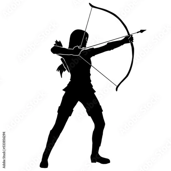 Fototapeta Archer Silhouette, Female Warrior Character Design. Silhouette girl archer in a dynamic style and pulls an arrow ready to shoot, Amazon female warrior, leather armor.