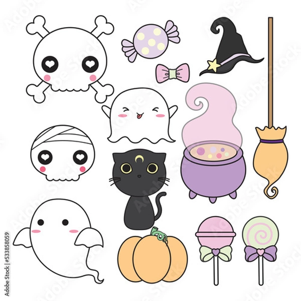 Obraz Cute halloween set. Sweet item such as head skull, cute ghost and kawaii decoration.