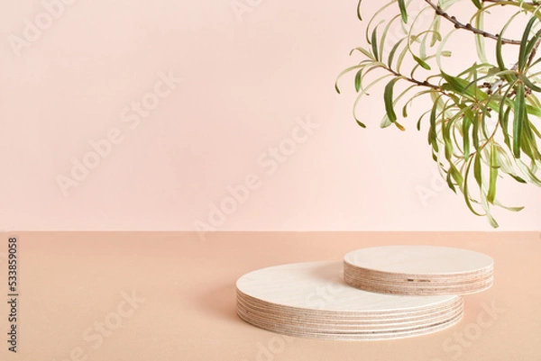 Fototapeta The podium consists of two wooden cylinders made of natural wood with green foliage. Minimalistic branding scene.