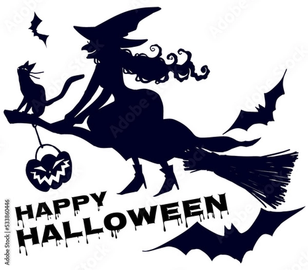 Fototapeta ハロウィーン　箒で空を飛ぶ魔女　シルエットセット　文字入り