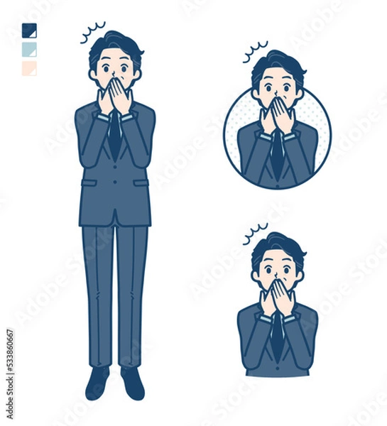 Fototapeta スーツのミドル男性が口をおさえて驚いているイラスト