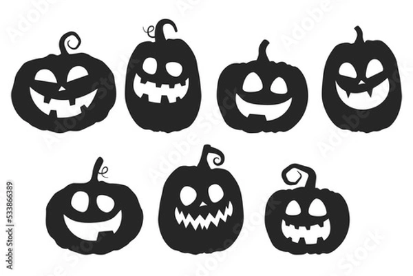 Fototapeta Happy Halloween flat black elements with funny pumpkin cut silhouettes isolated on a white background. Halloween grinning pumpkins. Vector illustration