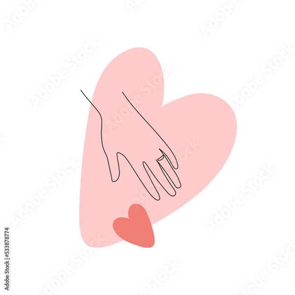 Obraz Abstract vector flat one line art illustration. Continous line human hand take heart love symbol silhouette on colorful pink background. Conceptual design for holiday poster, banner
